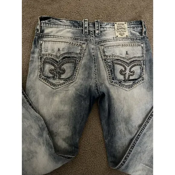 Rock Revival Jeans Mens Fenn 38 Relaxed Straight Blue Distressed
